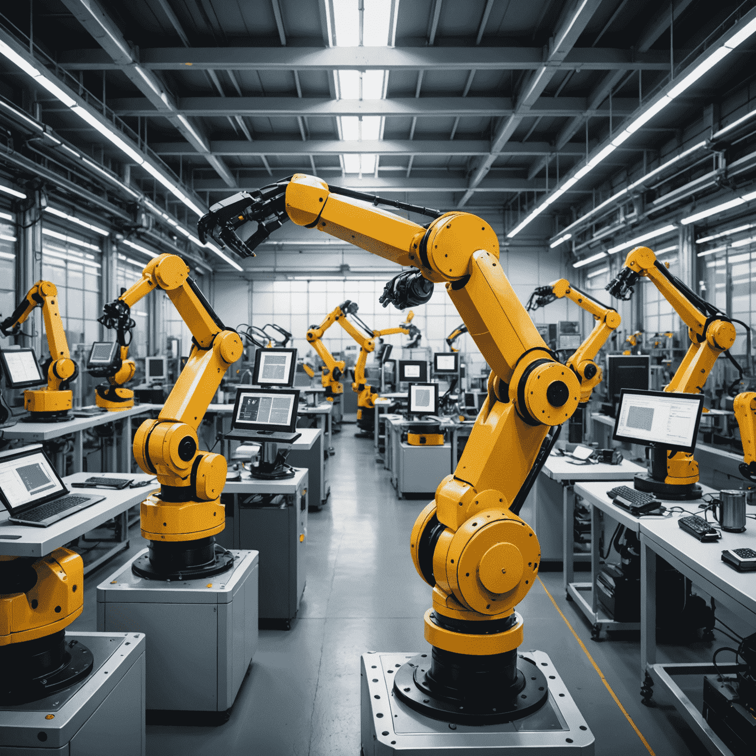 Visual representation of AI technology applications in various industries, showing robotic arms, data visualizations, and automated assembly lines