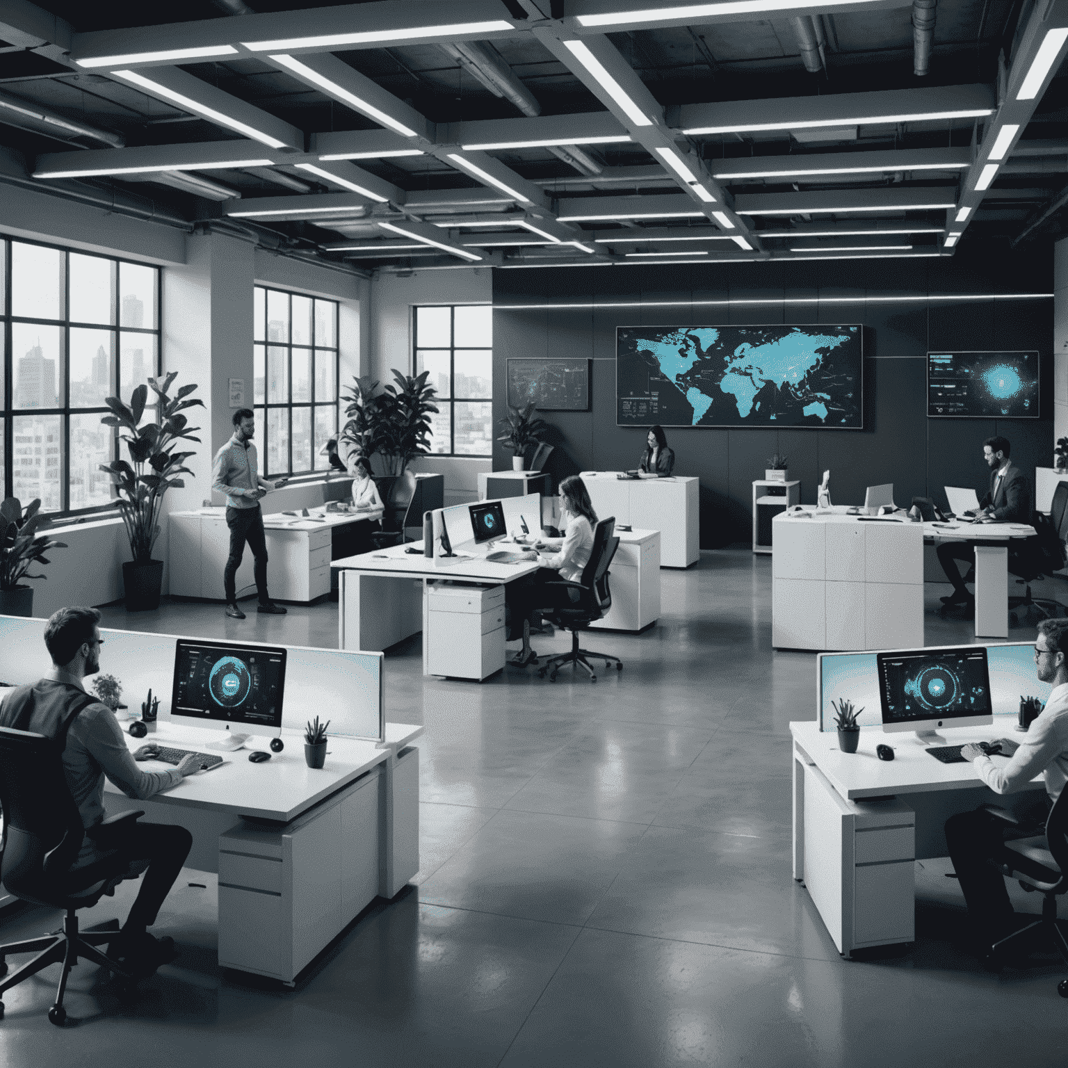 A futuristic office space with employees working alongside AI-powered interfaces and robots, showcasing the seamless integration of AI in a corporate environment