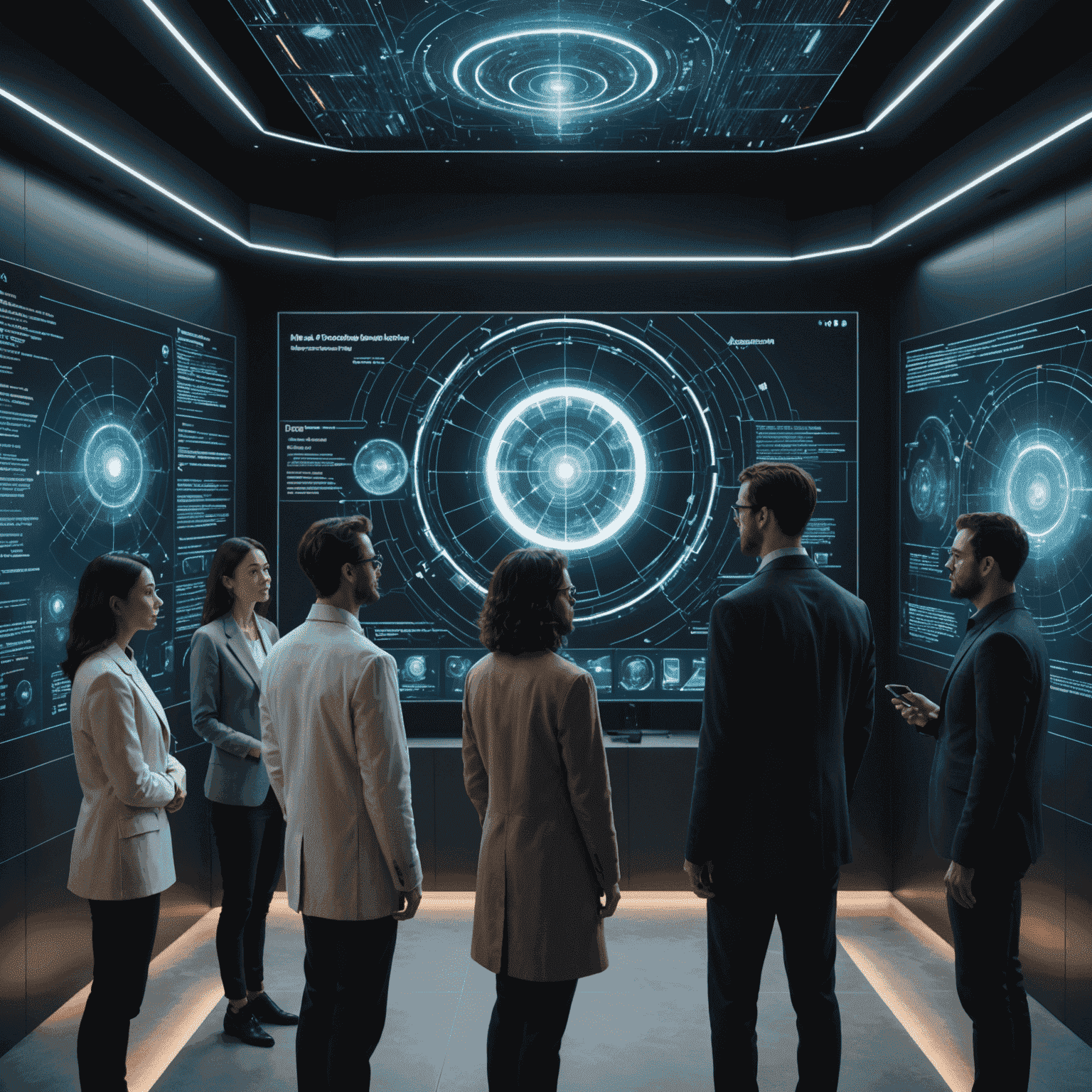 A group of diverse AI consultants discussing ethical considerations around a futuristic holographic display showing AI algorithms and data flows