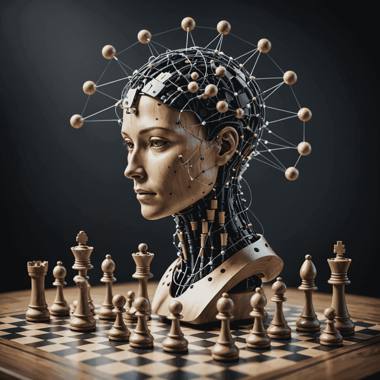 A futuristic image depicting AI strategy with interconnected nodes and a chess board, symbolizing strategic planning in artificial intelligence