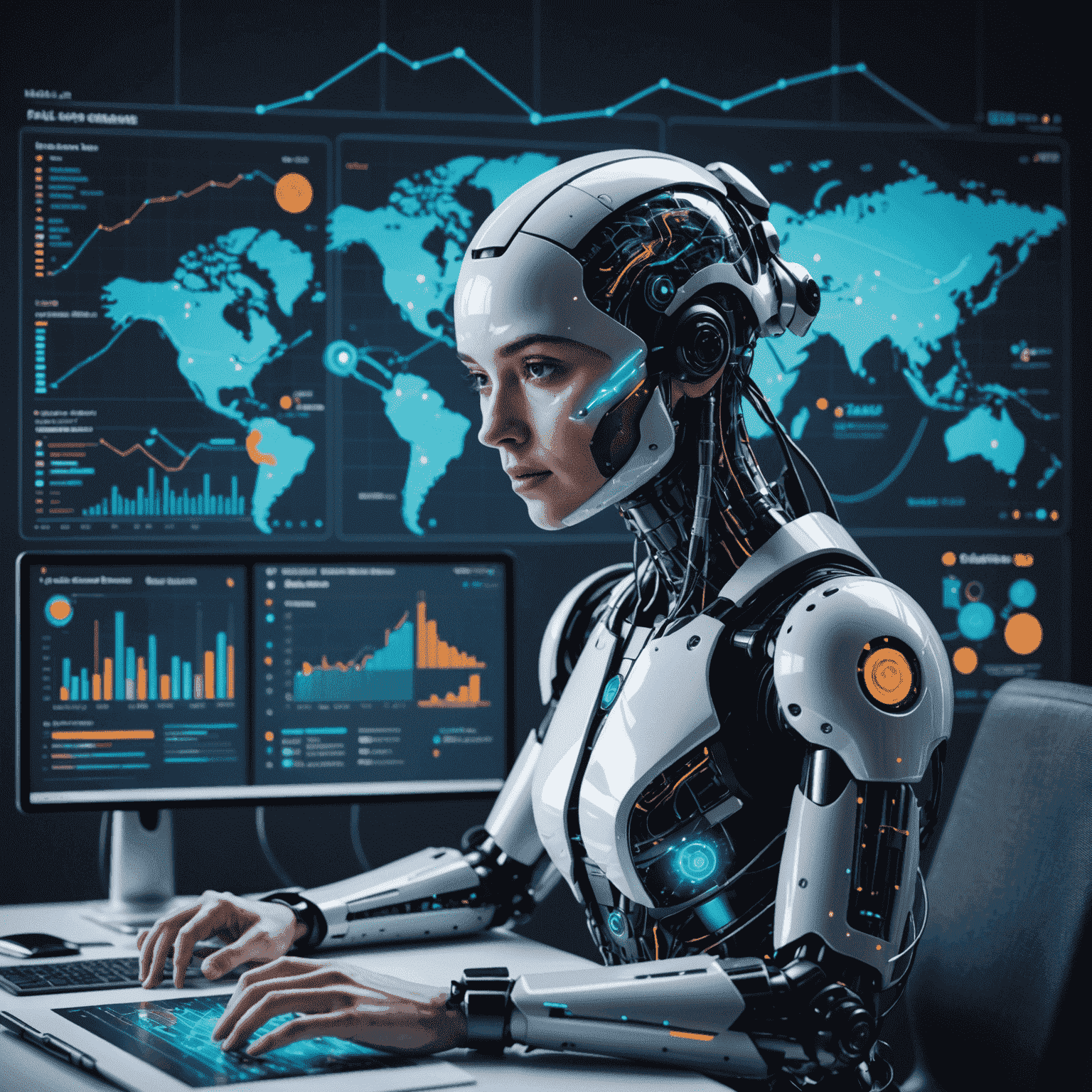 Futuristic image depicting various AI technologies interacting with business graphs and charts, showcasing the latest trends in AI for business