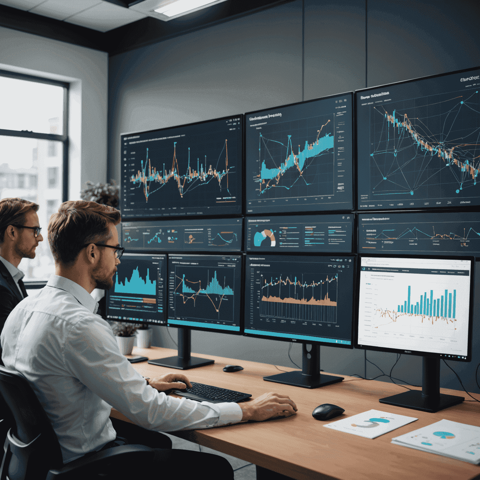 A split-screen image: on one side, a complex network of interconnected nodes representing AI predictive analytics; on the other, business professionals analyzing colorful charts and graphs on large touchscreen displays.