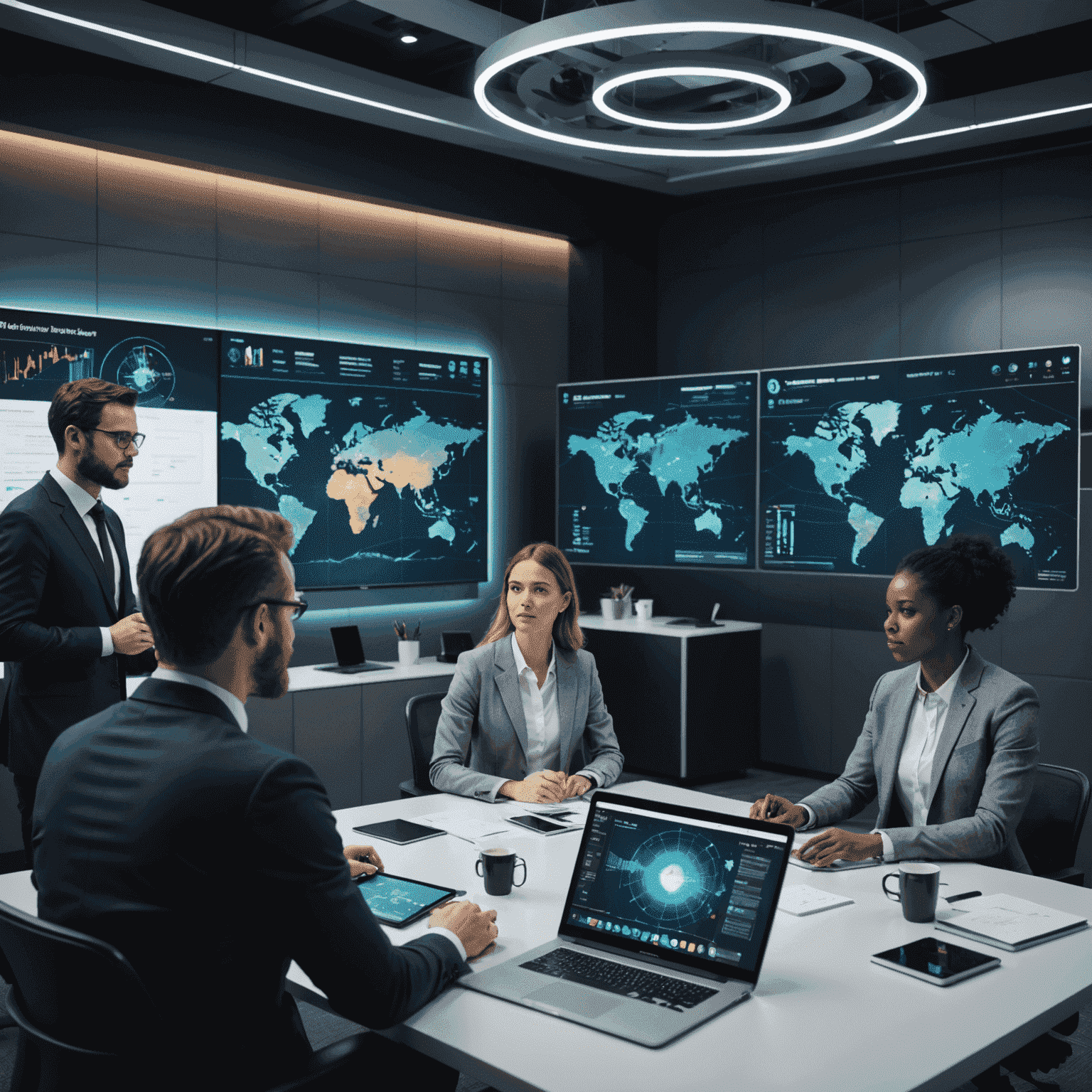 A team of diverse professionals collaborating in a high-tech meeting room, using AI-powered tools and holographic displays to analyze data and make strategic decisions