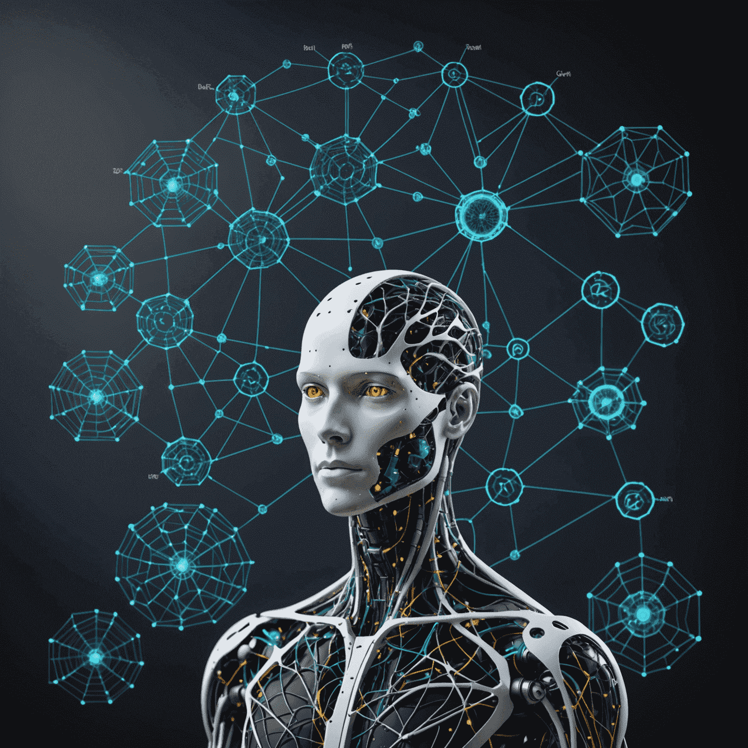 A visual representation of machine learning algorithms, showing data points, decision trees, and neural networks