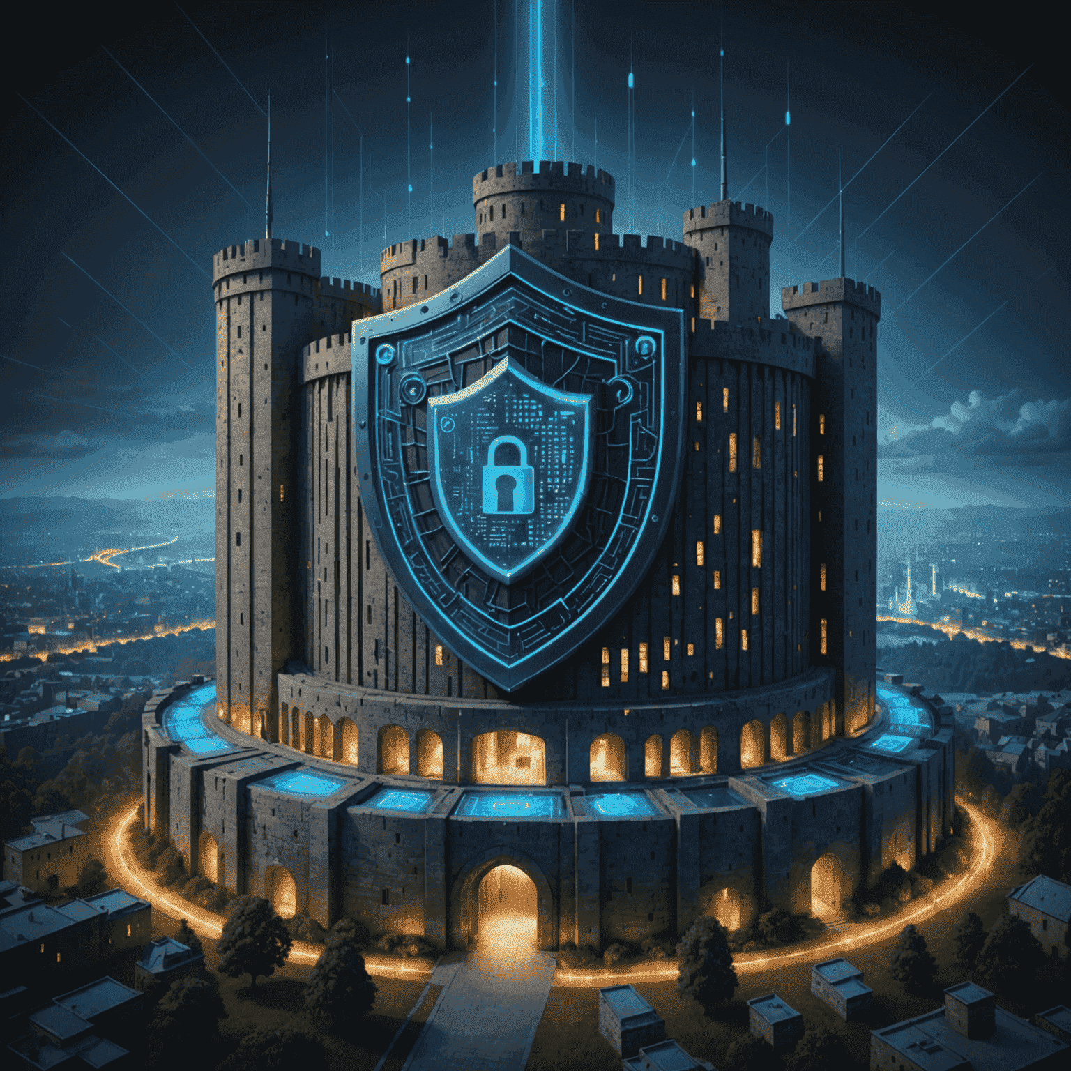 A digital fortress protected by glowing blue shield representing AI-enhanced cybersecurity. Binary code streams and lock symbols float around the fortress, symbolizing the complex nature of digital protection.