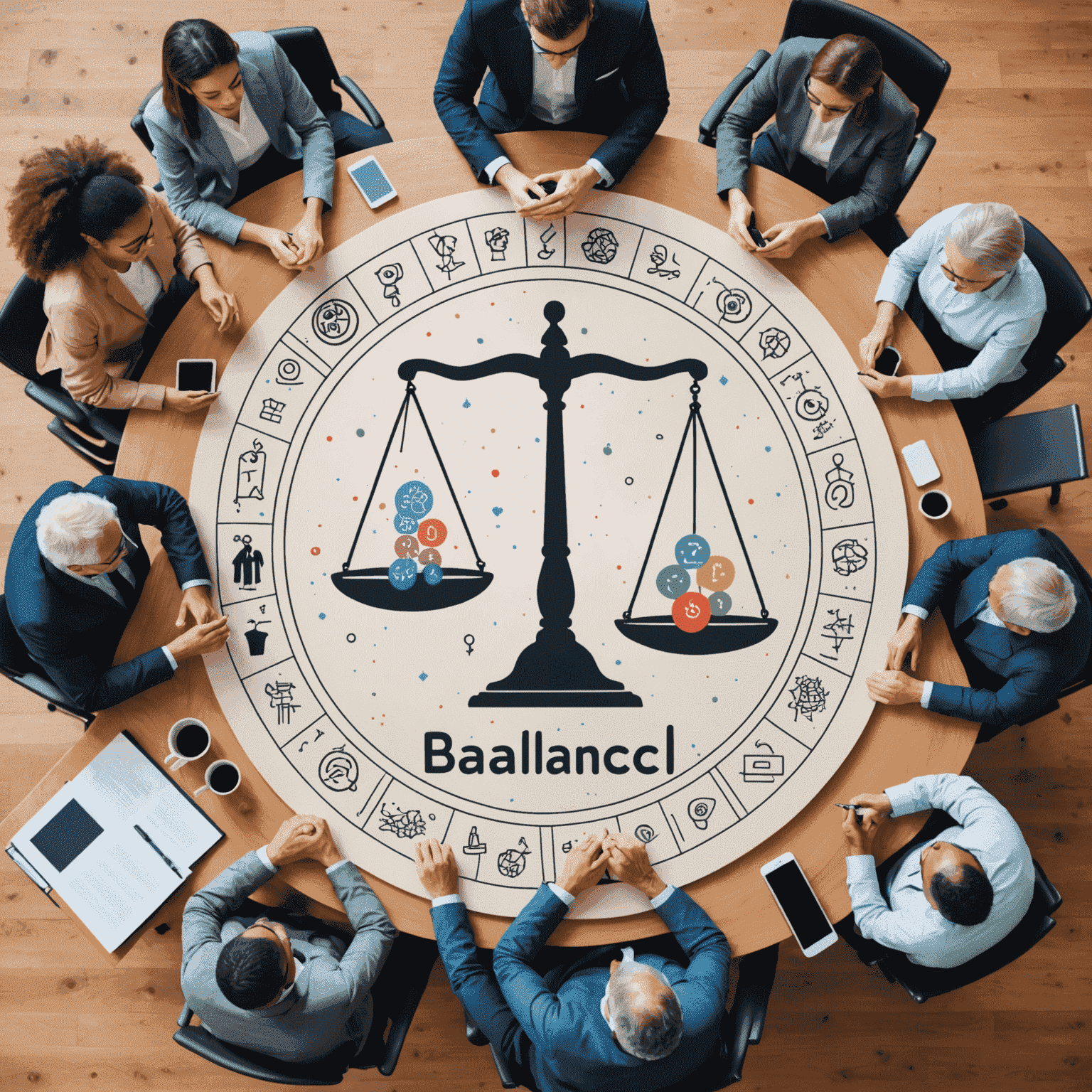 Conceptual image showing a balance scale with AI symbols on one side and ethical considerations on the other, surrounded by diverse group of people representing stakeholders