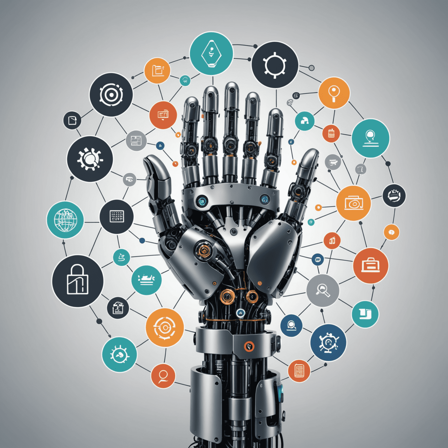 A robotic arm interacting with various business process symbols, representing AI-driven automation